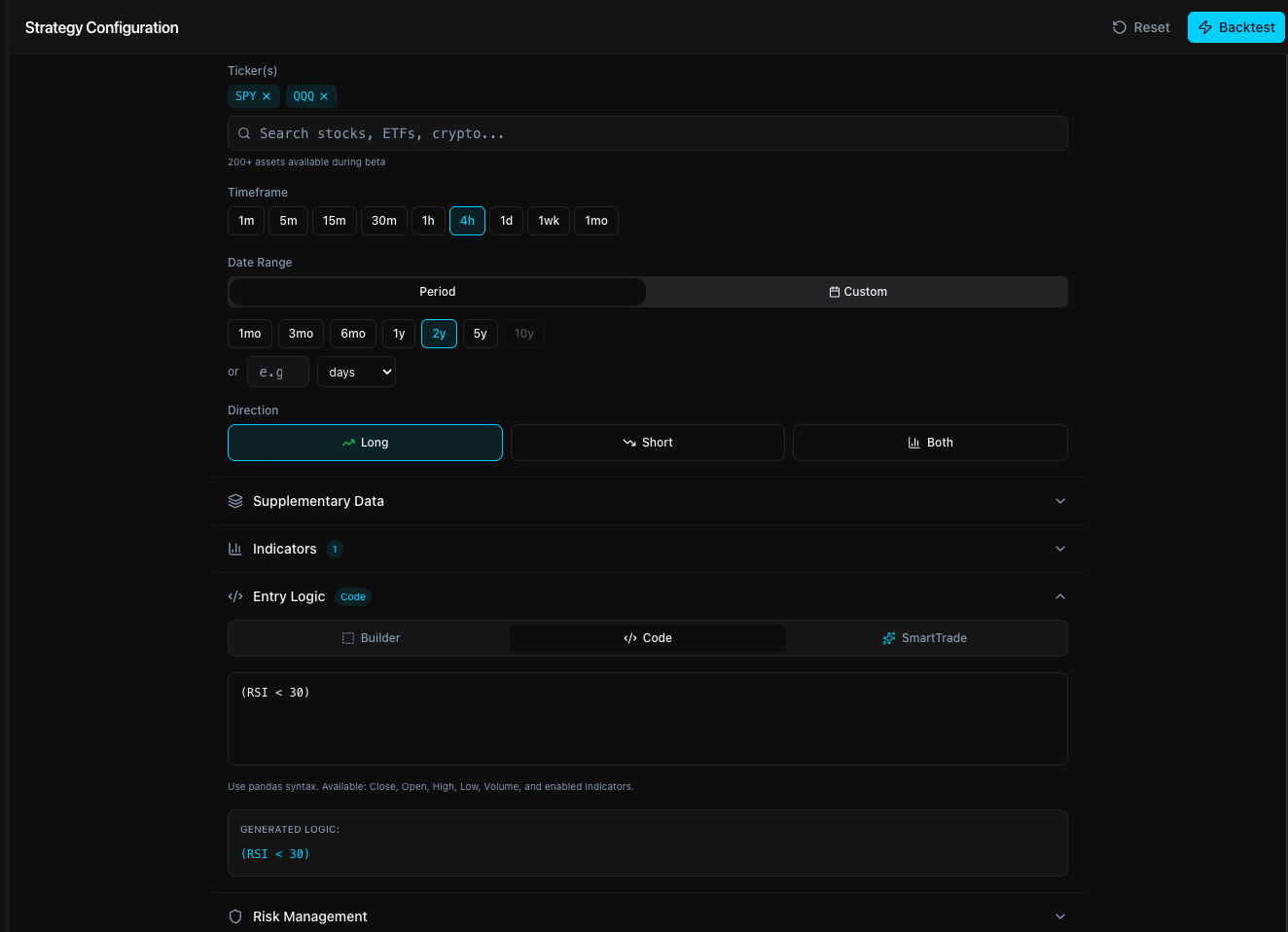 Stratos Strategy Builder interface